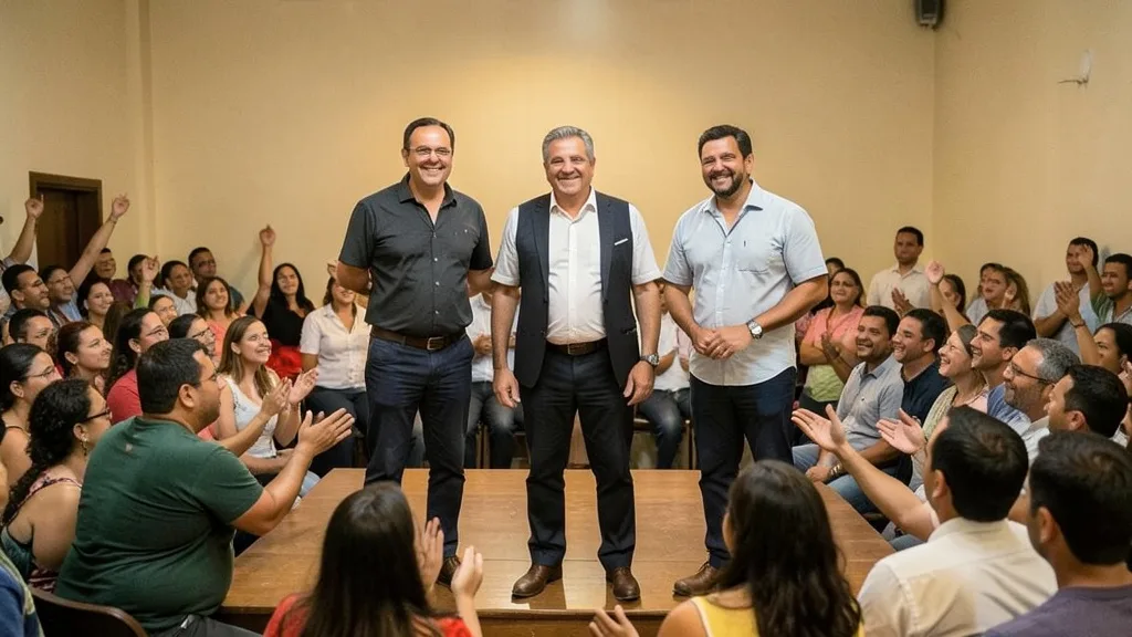 Imagem gerada por IA: Três políticos comemoram a eleição em um evento público na região sul do Rio Grande do Sul.