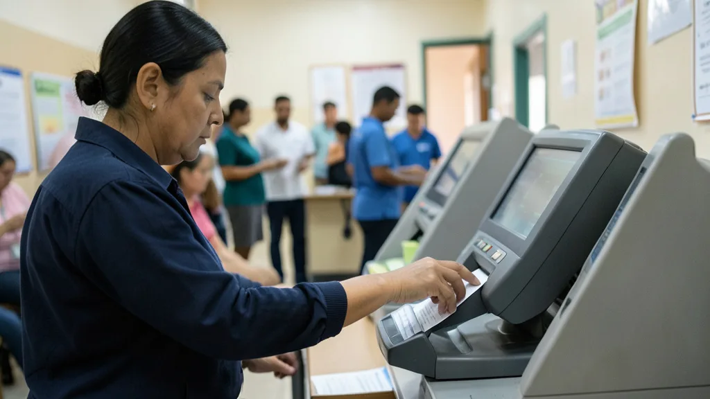Imagem gerada por IA: Eleitor vota em uma urna eletrônica em uma seção eleitoral no Brasil.