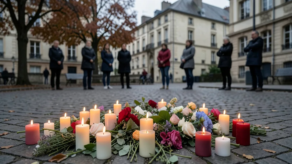 Imagem gerada por IA: Velas e flores em uma homenagem pública em Trappes, com pessoas ao fundo.