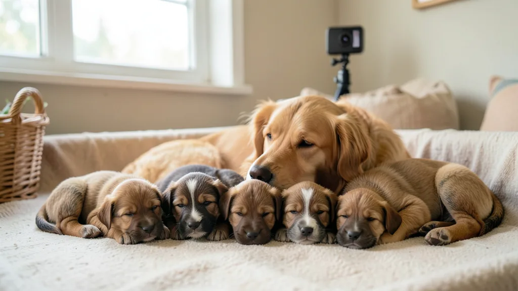 Imagem gerada por IA: Seis filhotes descansam juntos ao lado da mãe, com uma câmera de transmissão ao fundo.