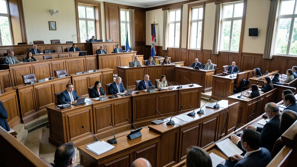 Imagem gerada por IA: Plenário de uma assembleia legislativa com mesas e microfones.