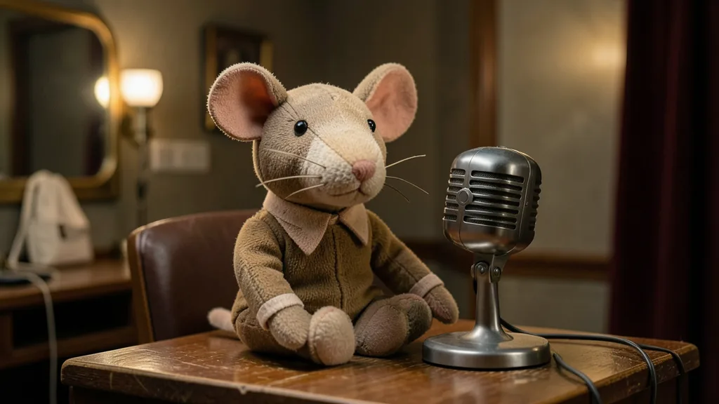 Fantoche de rato de tecido sentado ao lado de um microfone antigo em um camarim de teatro.