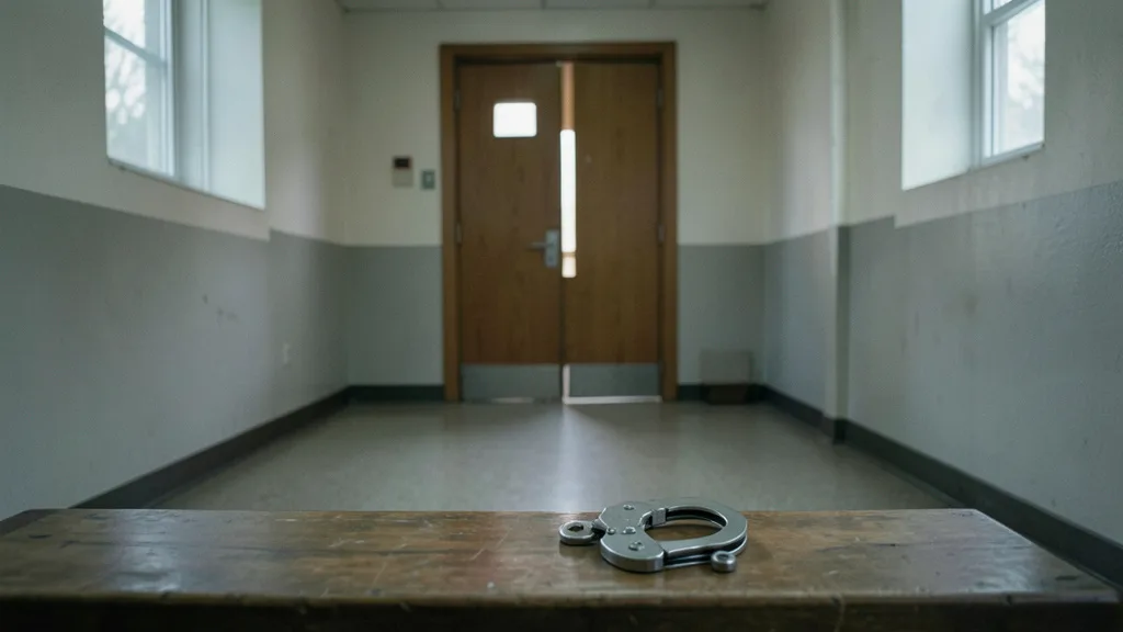 Imagem gerada por IA: Algemas sobre um banco em corredor de tribunal.