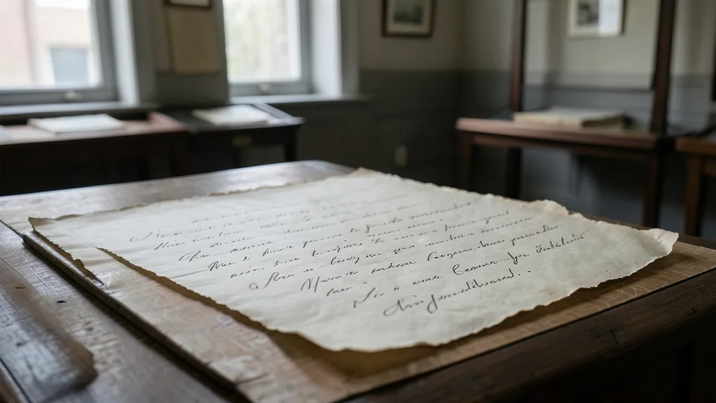 Imagem gerada por IA: Documento manuscrito antigo exposto em uma sala de arquivo, com a escrita fora de foco.