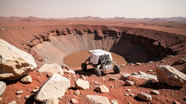 Imagem gerada por IA: Rover Perseverance atravessa terreno rochoso e observa formações claras em Marte.