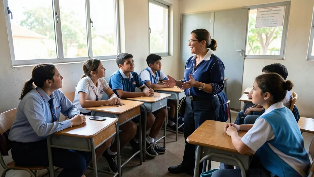 Imagem gerada por IA: Professor conversa com estudantes uniformizados em uma sala de aula; um celular está sobre uma carteira.