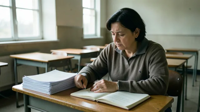 Imagem gerada por IA: Professor cansado revisa papéis em uma sala de aula vazia após o expediente.