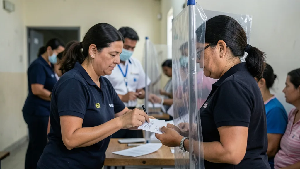 Eleitor preenche uma cédula em uma seção eleitoral, com outras pessoas ao fundo.