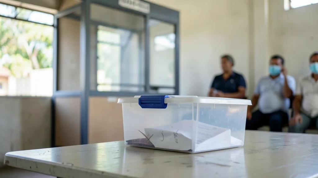 Urna eleitoral em uma seção de votação, com eleitores ao fundo.