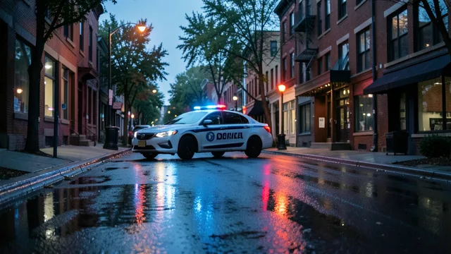 Imagem gerada por IA: Rua urbana nos Estados Unidos ao anoitecer, com uma viatura policial ao fundo.