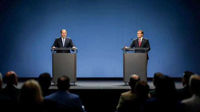 Imagem gerada por IA: Dois púlpitos vazios em um palco preparado para um debate eleitoral.