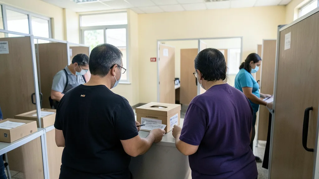 Imagem gerada por IA: Eleitores em uma seção de votação diante de urnas e cabines eleitorais.