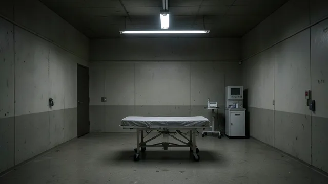 Imagem gerada por IA: Câmara de execução vazia em uma prisão, com maca e equipamentos clínicos.