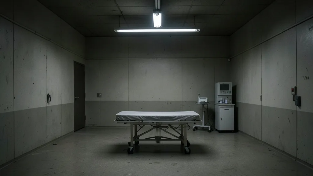 Imagem gerada por IA: Câmara de execução vazia em uma prisão, com maca e equipamentos clínicos.