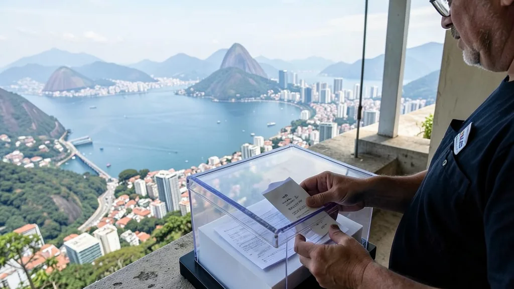 Imagem gerada por IA: Eleitor deposita cédula em urna com a paisagem do Rio de Janeiro ao fundo.