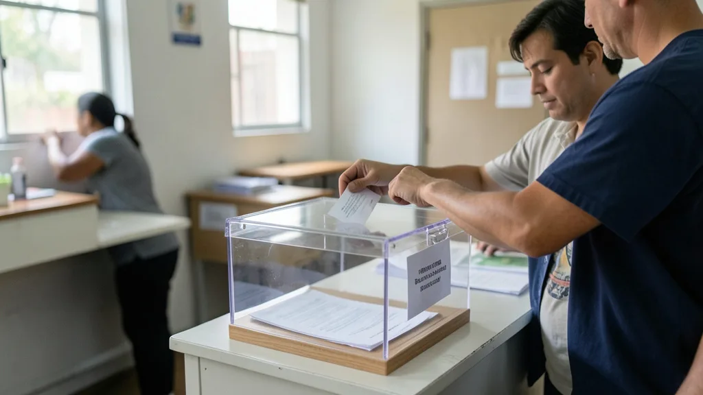 Imagem gerada por IA: Eleitor deposita uma cédula em uma urna transparente durante uma votação.