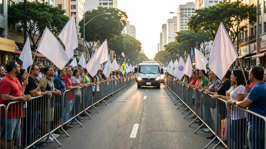 Apoiadores acompanham um ato de campanha em uma avenida de São Paulo, com bandeiras sem identificação.
