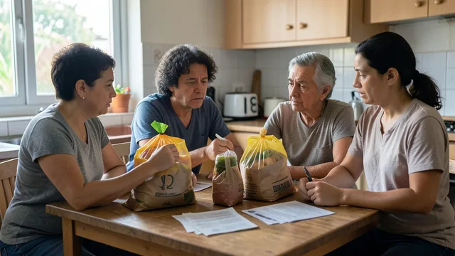 Imagem gerada por IA: Família brasileira avalia as despesas da casa ao lado de sacolas de supermercado.
