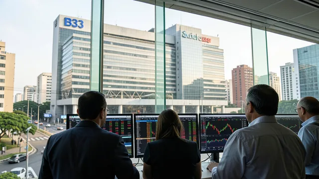 Imagem gerada por IA: Investidores observam telas em uma área financeira de São Paulo.