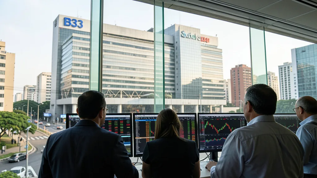 Imagem gerada por IA: Investidores observam telas em uma área financeira de São Paulo.