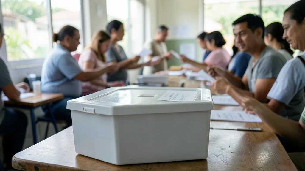 Imagem gerada por IA: Urna eletrônica em seção eleitoral, com eleitores ao fundo.