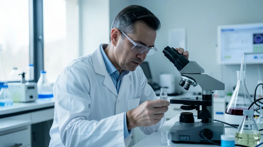 Imagem gerada por IA: Pesquisador em laboratório de fertilidade ao lado de um microscópio e de um pequeno frasco.