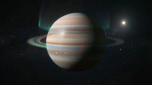 Imagem gerada por IA: Representação realista do exoplaneta Beta Pictoris b com brilho de aurora e uma estrela ao fundo.