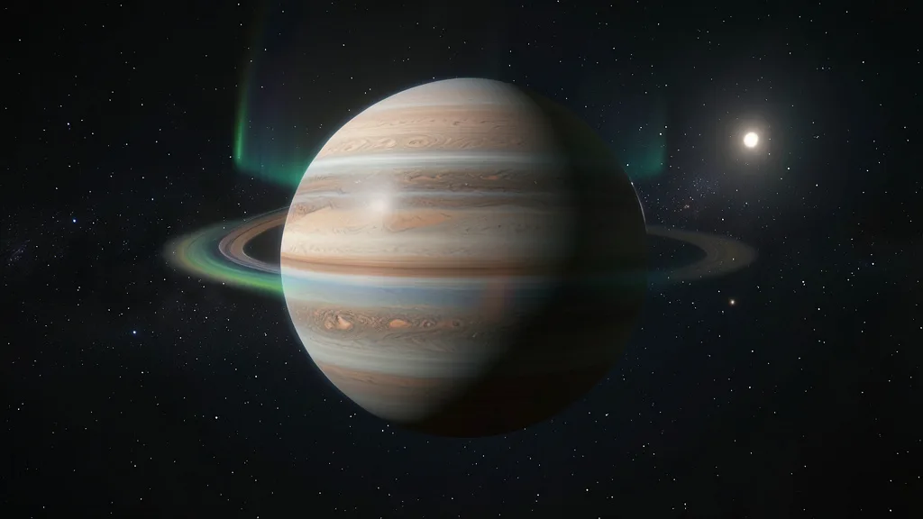 Imagem gerada por IA: Representação realista do exoplaneta Beta Pictoris b com brilho de aurora e uma estrela ao fundo.