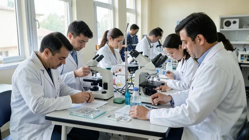 Imagem gerada por IA: Pesquisadores trabalham em laboratório universitário com microscópios e equipamentos de pesquisa.