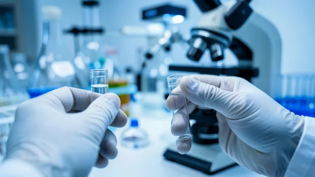 Pesquisador com luvas manipula uma amostra em laboratório de biologia molecular.