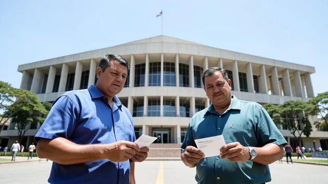 Prédio do Senado em Brasília ao fundo e dois eleitores com cartões sem identificação em primeiro plano.