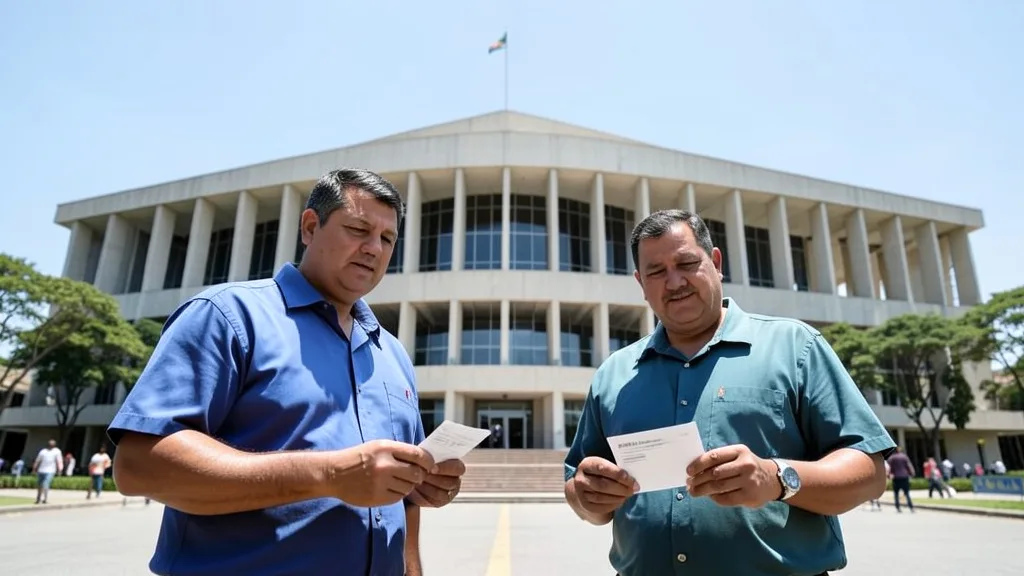Prédio do Senado em Brasília ao fundo e dois eleitores com cartões sem identificação em primeiro plano.