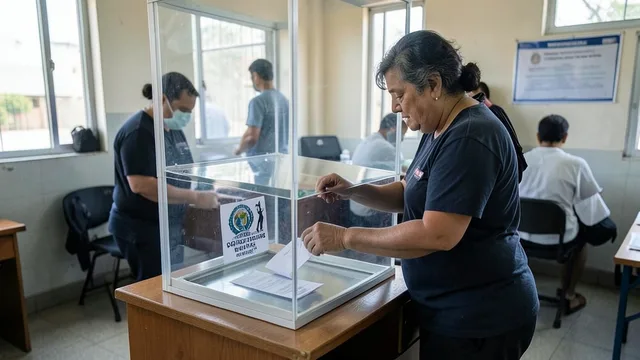 Eleitor deposita uma cédula em uma urna transparente em local de votação.