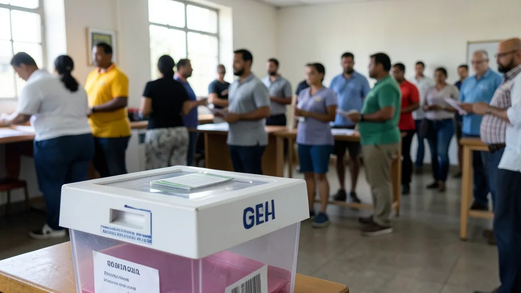 Imagem gerada por IA: Urna eleitoral em primeiro plano e eleitores aguardando em uma seção de votação.