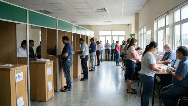 Eleitores aguardam em uma seção de votação com urnas e cabines ao fundo.