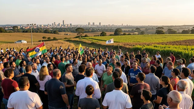 Público acompanha ato de campanha ao ar livre em uma paisagem que combina cidade e área rural.