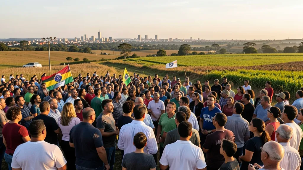 Público acompanha ato de campanha ao ar livre em uma paisagem que combina cidade e área rural.