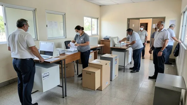 Cabines e urnas eletrônicas em uma seção eleitoral preparada para o primeiro turno.