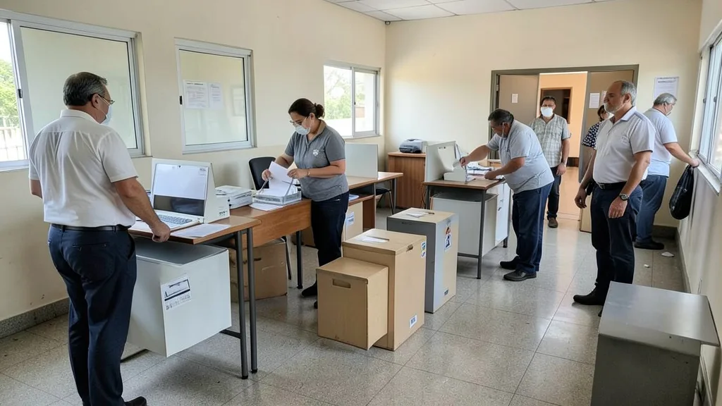 Cabines e urnas eletrônicas em uma seção eleitoral preparada para o primeiro turno.