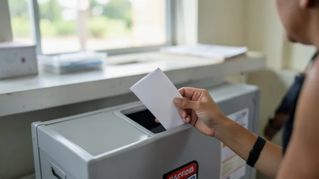 Imagem gerada por IA: Eleitor deposita uma cédula sem marcações em uma urna durante a votação.