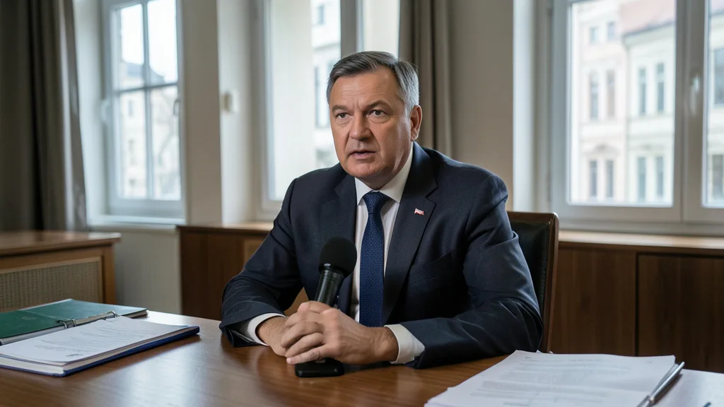 Imagem gerada por IA: Péter Magyar fala em um escritório do governo húngaro, com documentos sobre a mesa.