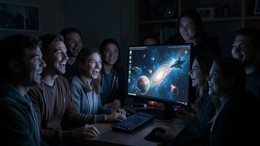 Imagem gerada por IA: Fãs de jogos acompanham imagens de uma galáxia de ficção científica em uma tela.