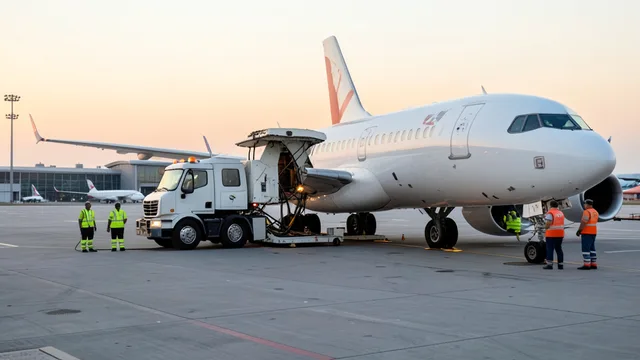Caminhão abastece uma aeronave comercial na pista de um aeroporto.