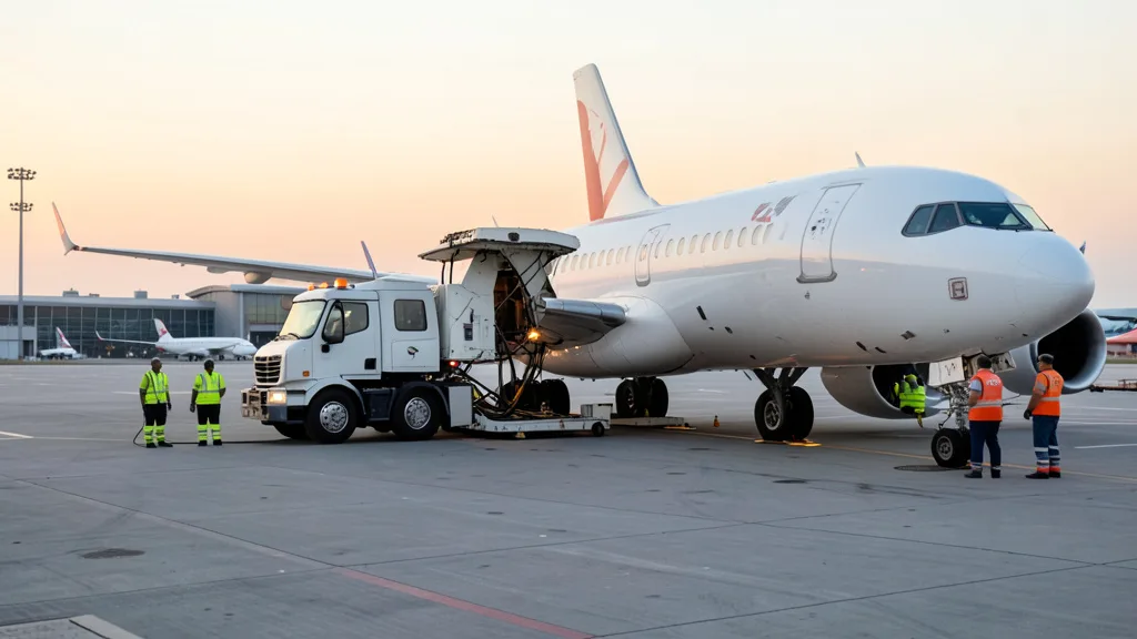 Caminhão abastece uma aeronave comercial na pista de um aeroporto.