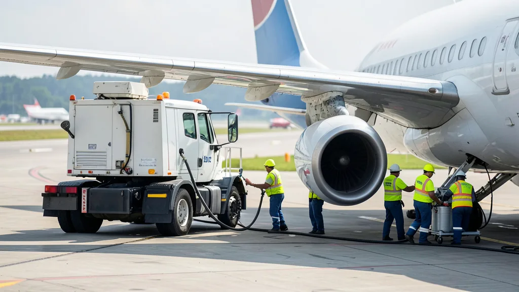 Caminhão de abastecimento conectado a um avião comercial na pista de um aeroporto.