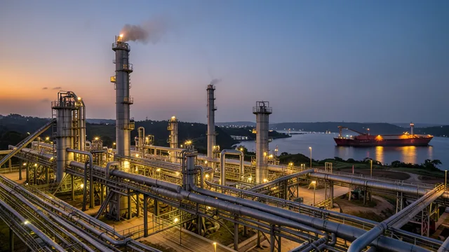 Imagem gerada por IA: Refinaria de petróleo iluminada ao lado de um navio-tanque no porto.