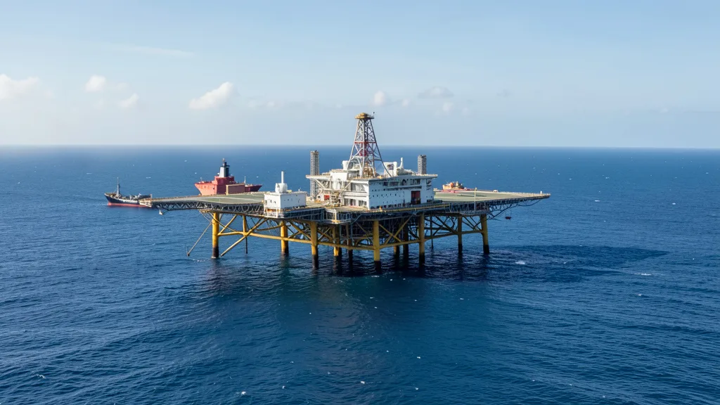 Imagem gerada por IA: Plataforma de petróleo em operação no mar, com embarcações de apoio ao redor.