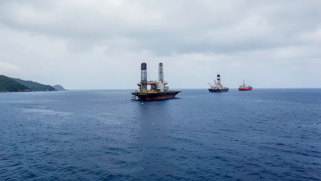 Imagem gerada por IA: Navio de exploração de petróleo no mar diante da costa norte do Brasil.