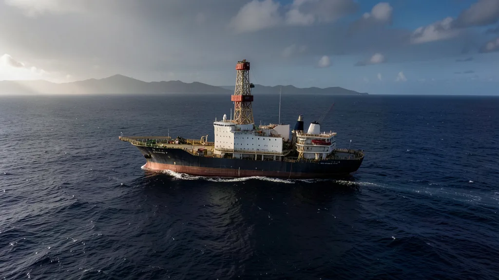 Imagem gerada por IA: Navio-sonda realiza operação de exploração de petróleo em águas profundas.