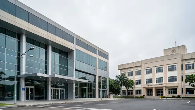 Imagem gerada por IA: Edifício corporativo da Petrobras com uma instituição pública ao fundo.
